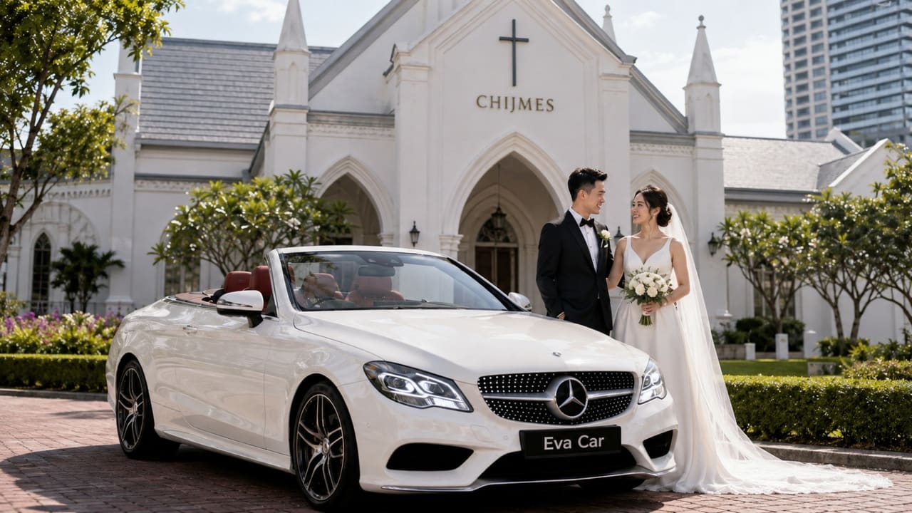 Wedding couple with a white Mercedes cabriolet outside CHIJMES