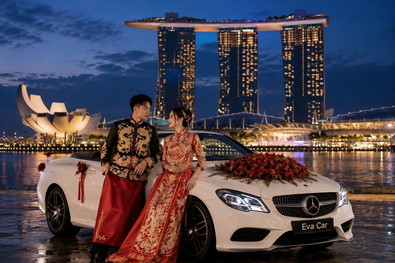 Wedding couple in traditional red attire with an Eva Car Rental cabriolet at Marina Bay