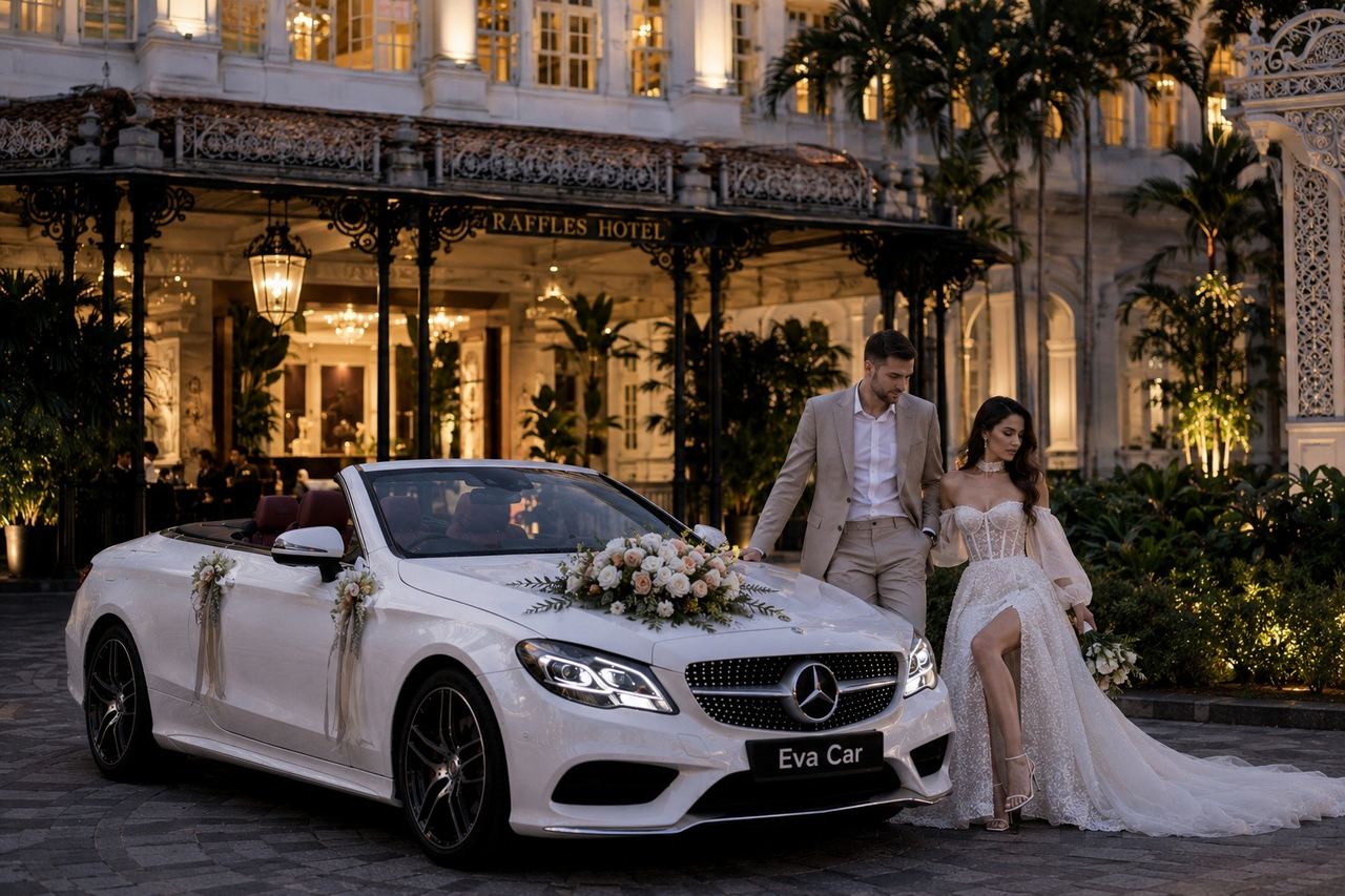 Wedding couple with a flower-decorated white Mercedes cabriolet outside Raffles Hotel