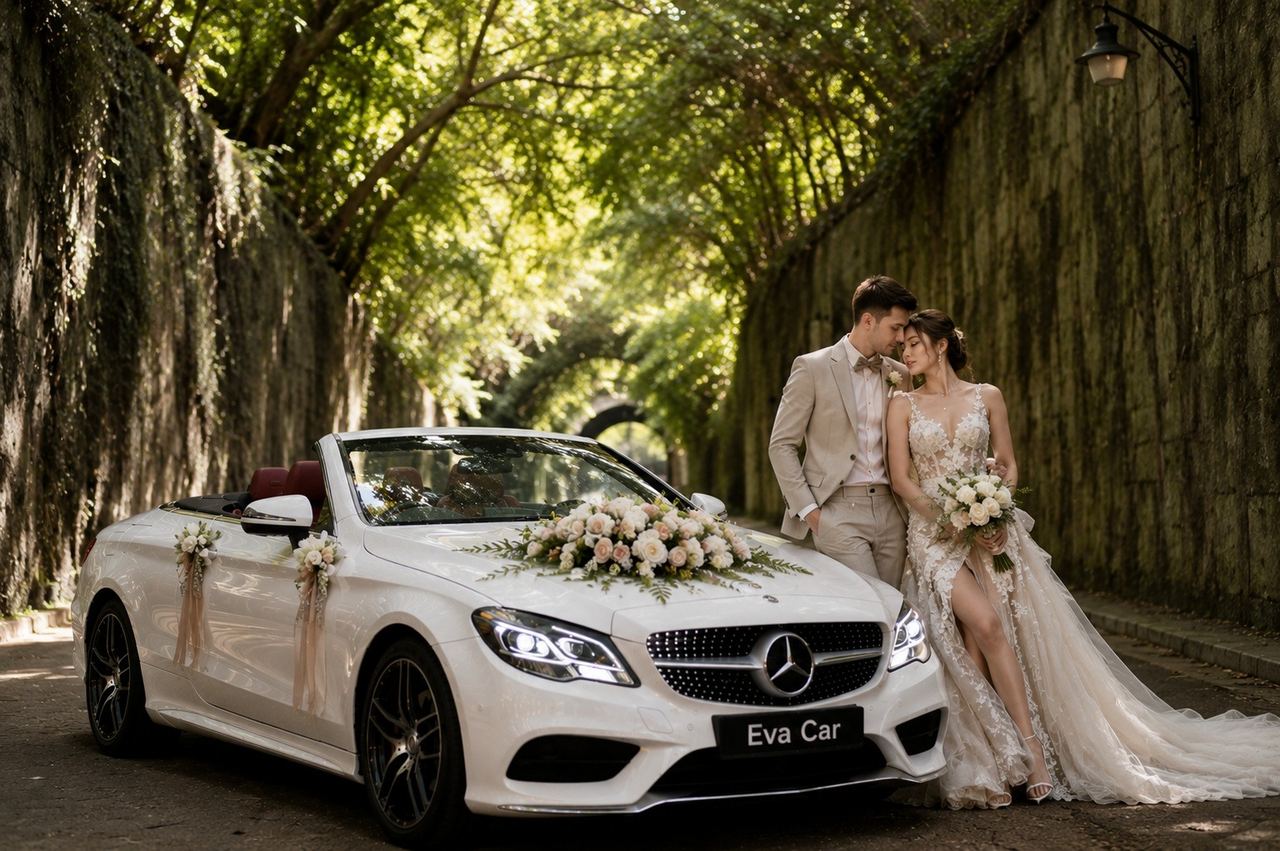 Wedding couple with a flower-decorated white Mercedes cabriolet from Eva Car Rental