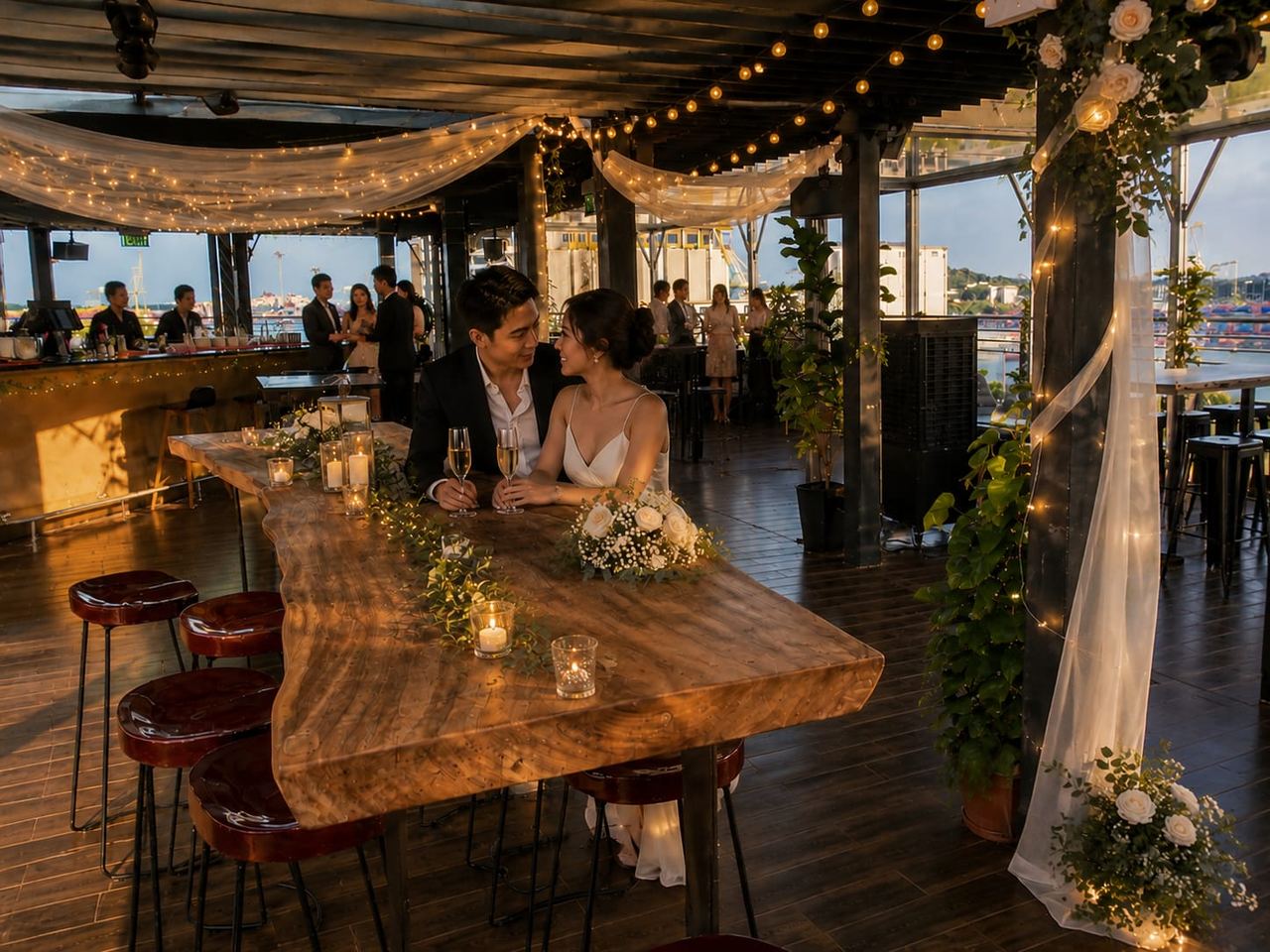 Couple celebrating at a golden-hour rooftop reception at Sip Society