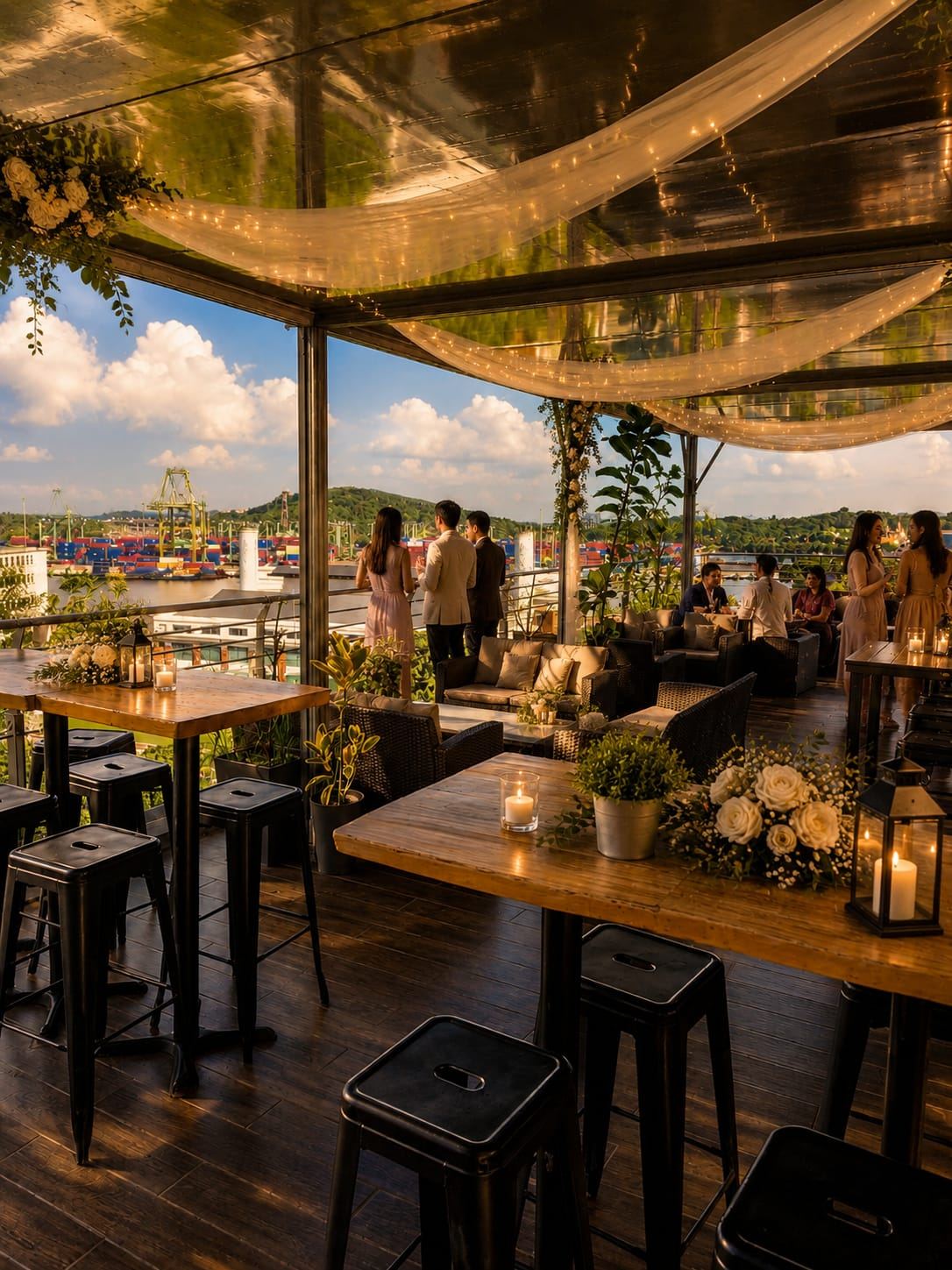 Harbour-view wedding reception setup at Sip Society
