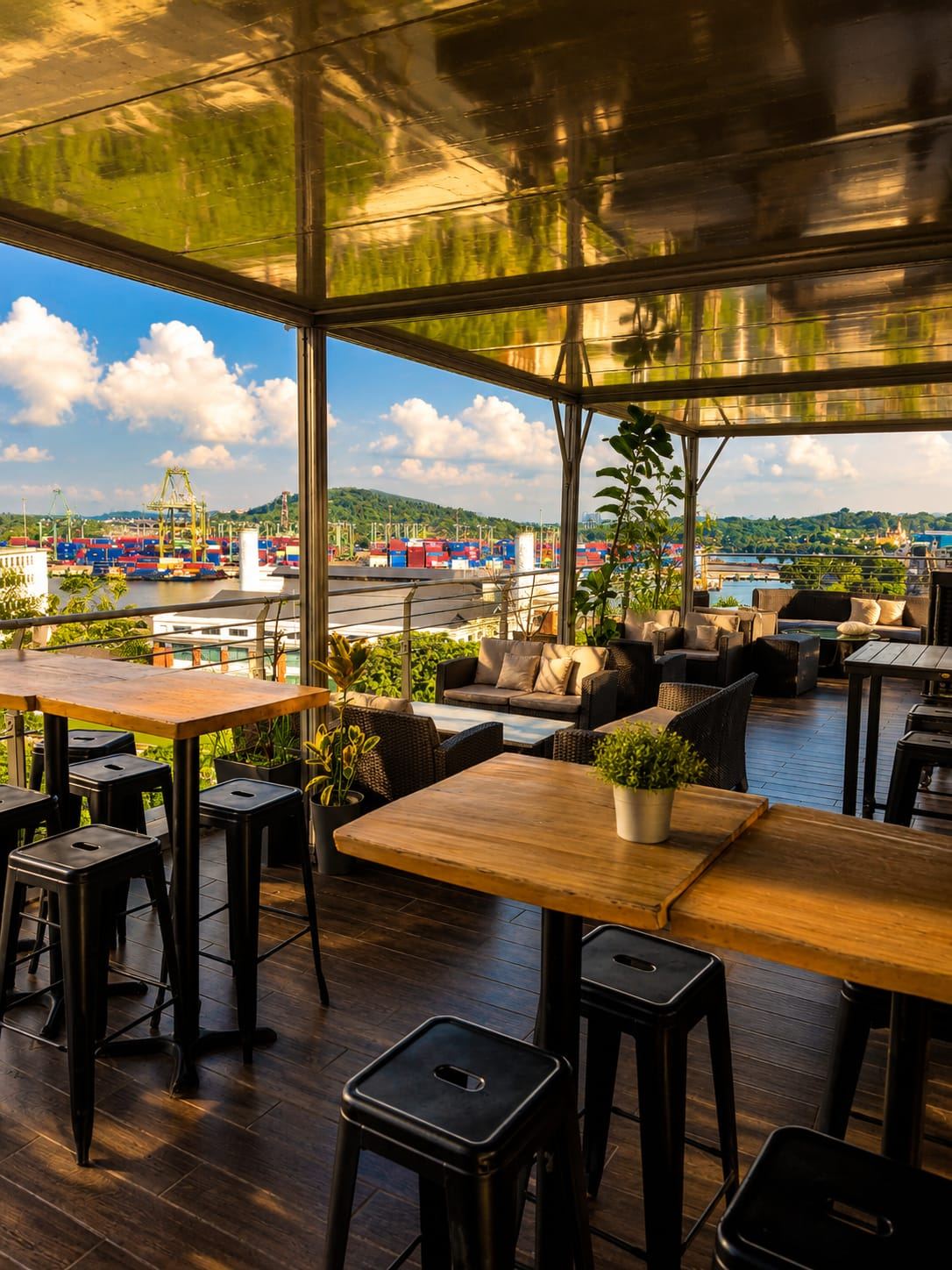 Open-air waterfront terrace at Sip Society