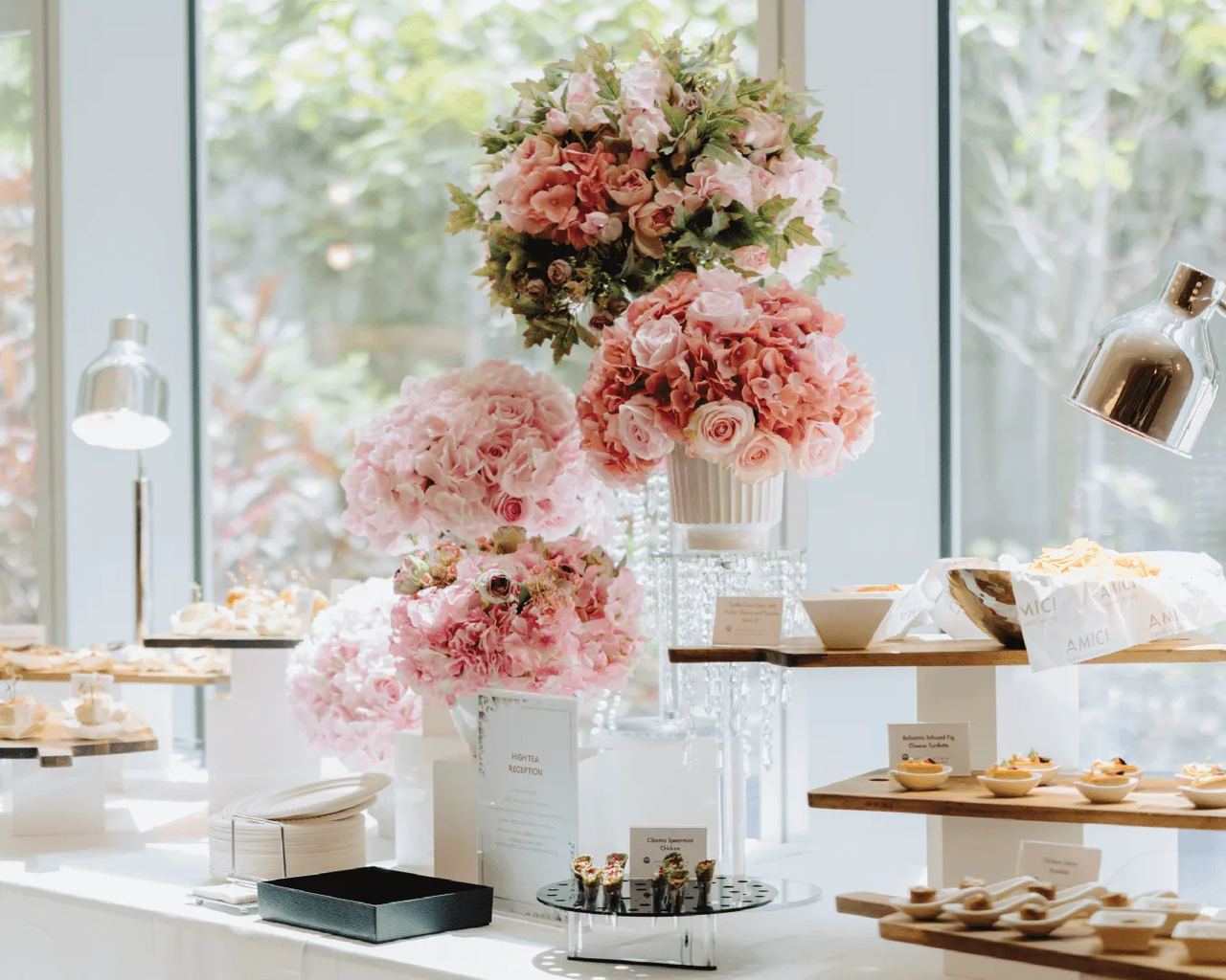 AMICI pink floral wedding canapé table