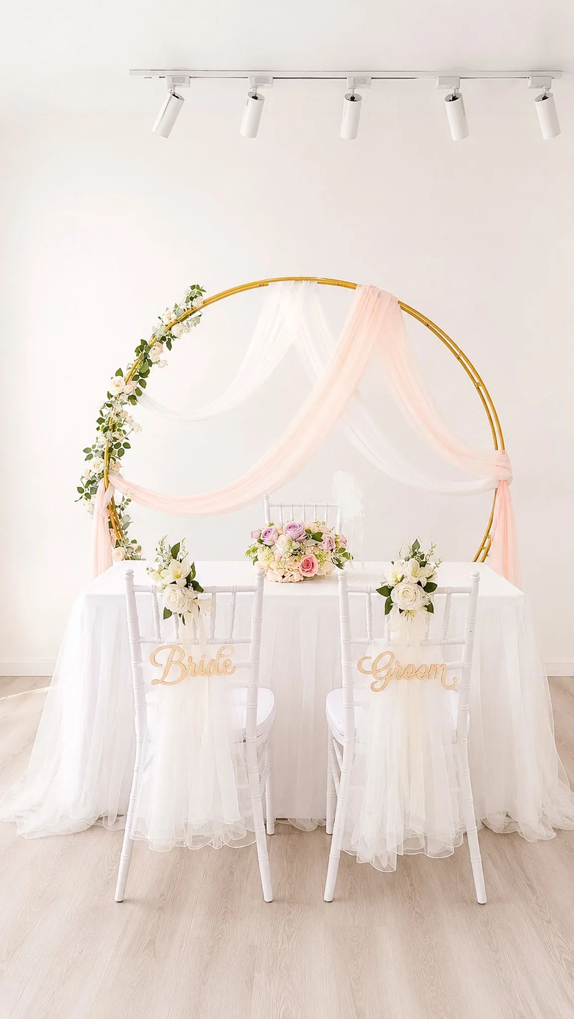Full floral round arch with solemnisation table and white chairs