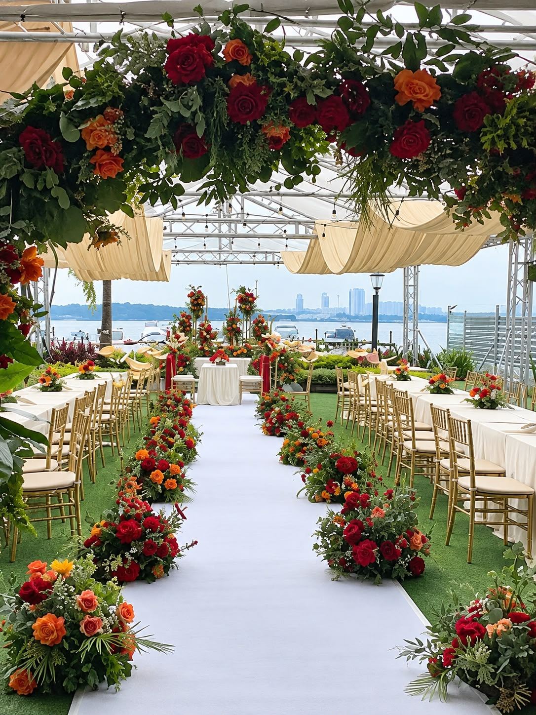 Daytime waterfront wedding aisle with floral arches at Gem By The Sea