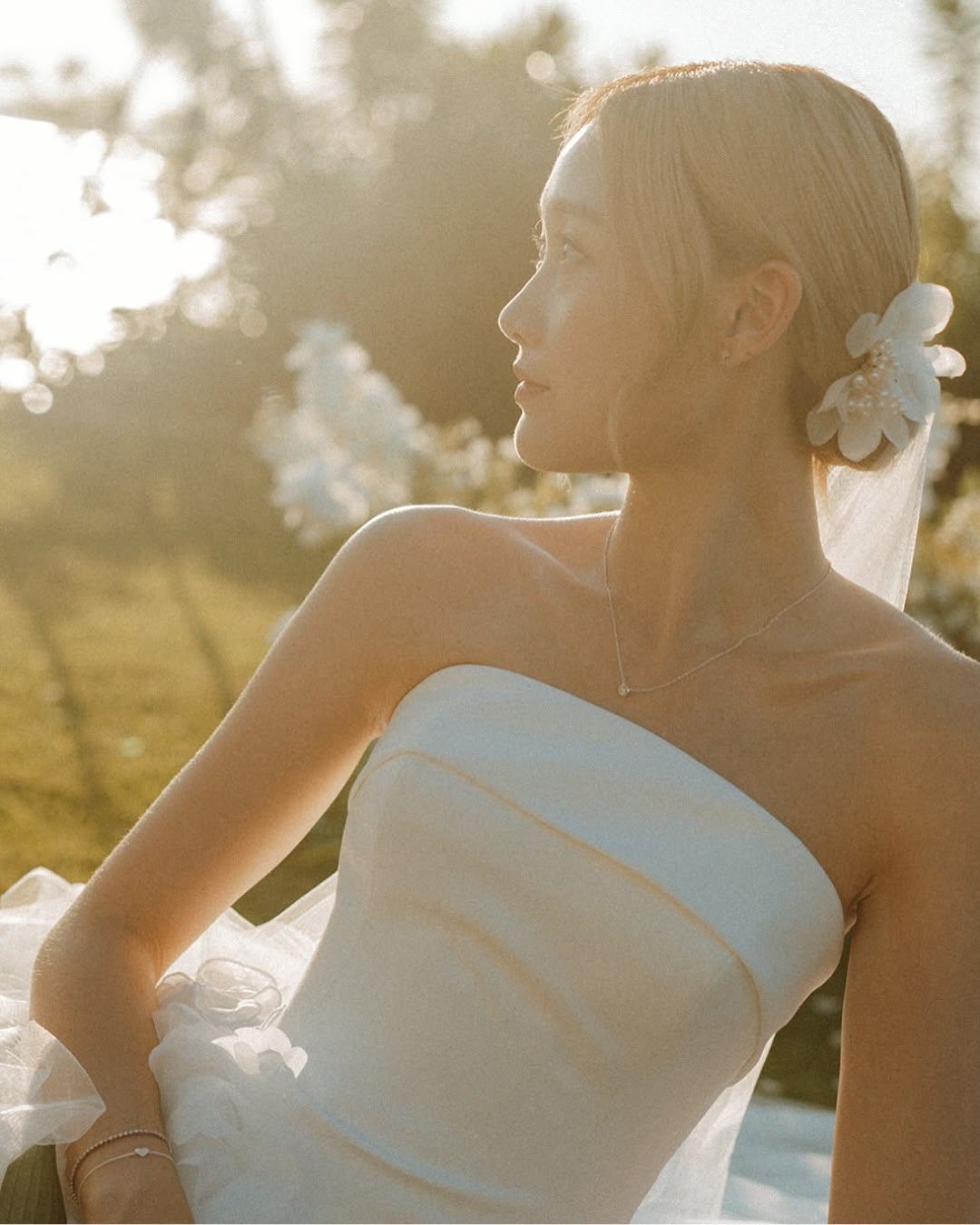 Bridal hair and makeup portrait in warm outdoor light