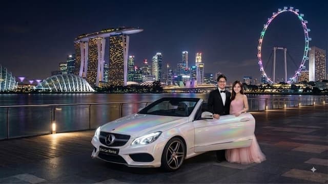 Couple standing by an Eva Car Rental cabriolet with the Singapore skyline behind them