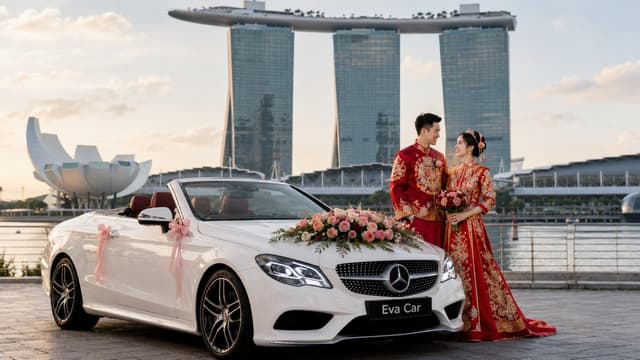 Wedding couple in traditional red attire beside a decorated white cabriolet at Marina Bay