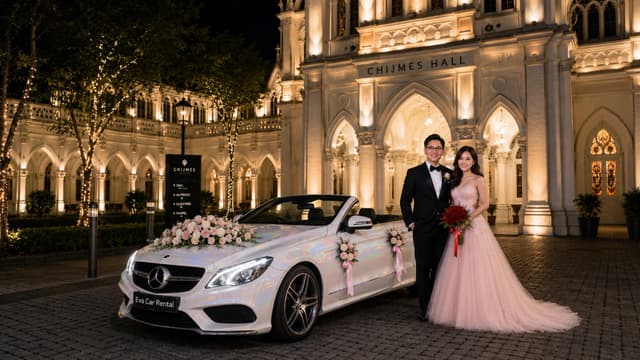 Wedding couple with a flower-decorated Eva Car Rental cabriolet at CHIJMES