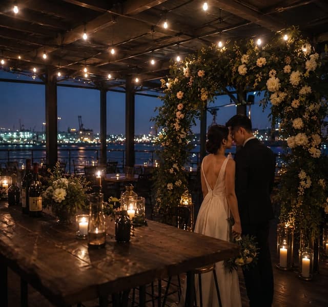 Wedding couple beneath a floral arch at Sip Society rooftop