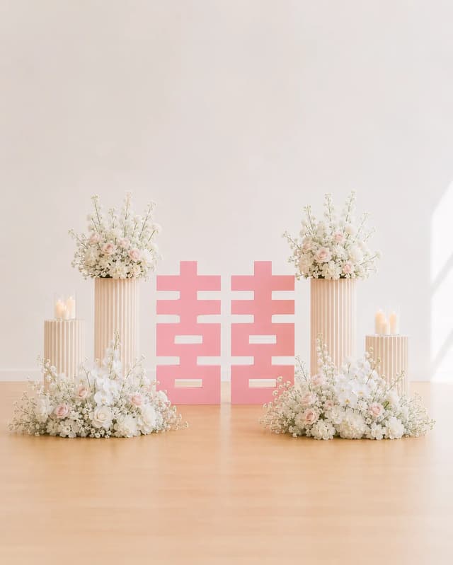 Pink Xi standee with floral hedges, pleated stands and candles