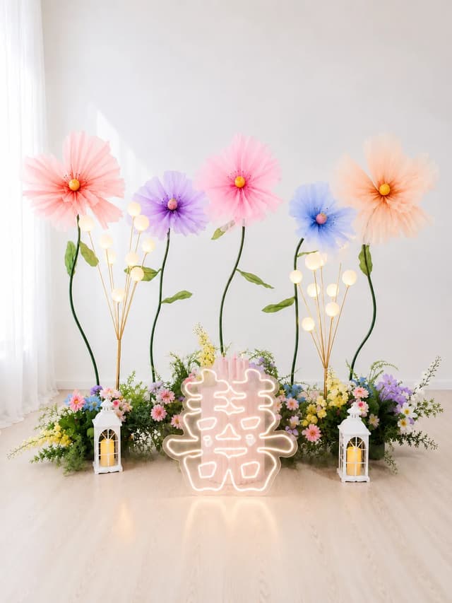 Colourful giant organza flowers with floral garden and Xi light