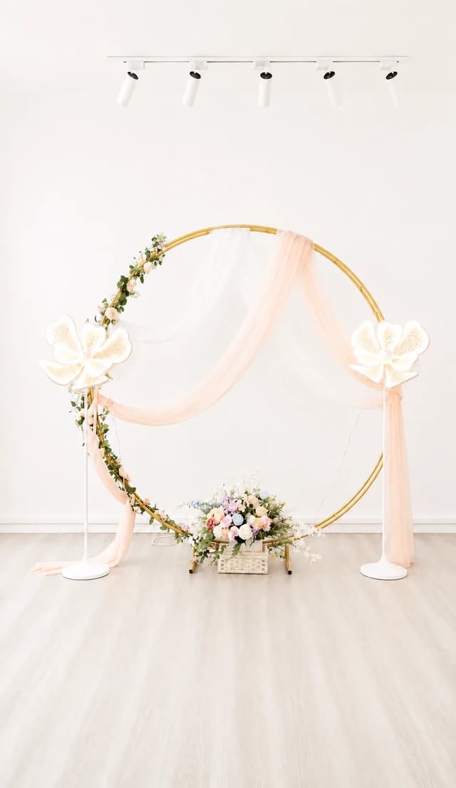 Gold round arch with pastel draping, organza flower lights and floral hedge