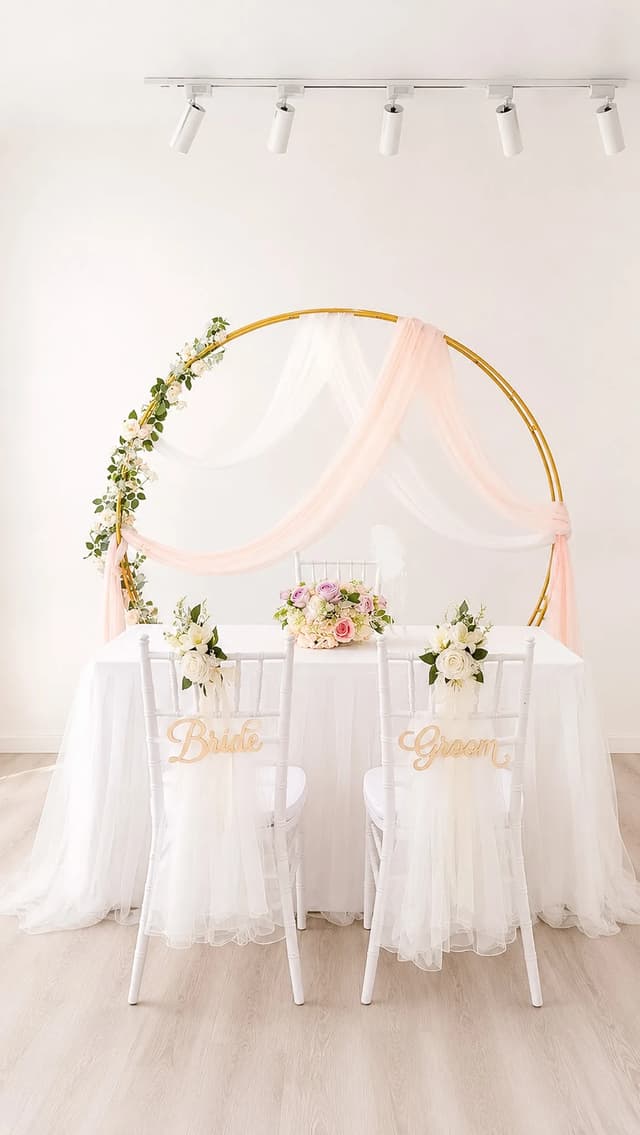 Full floral round arch with solemnisation table and white chairs