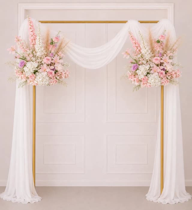 Gold rectangular wedding backdrop with pink floral arrangements and draping