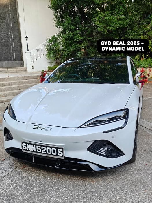 White BYD Seal bridal car from the 2025 fleet