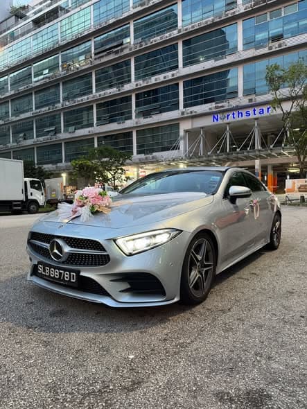 Silver Mercedes-Benz bridal car decorated with pink flowers